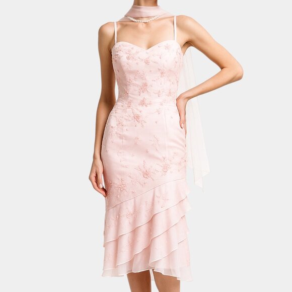 Vintage Y2K Pastel Pink Floral Beaded Knee Length Bodycon Prom Dress Size XL/XXL - Picture 1 of 12